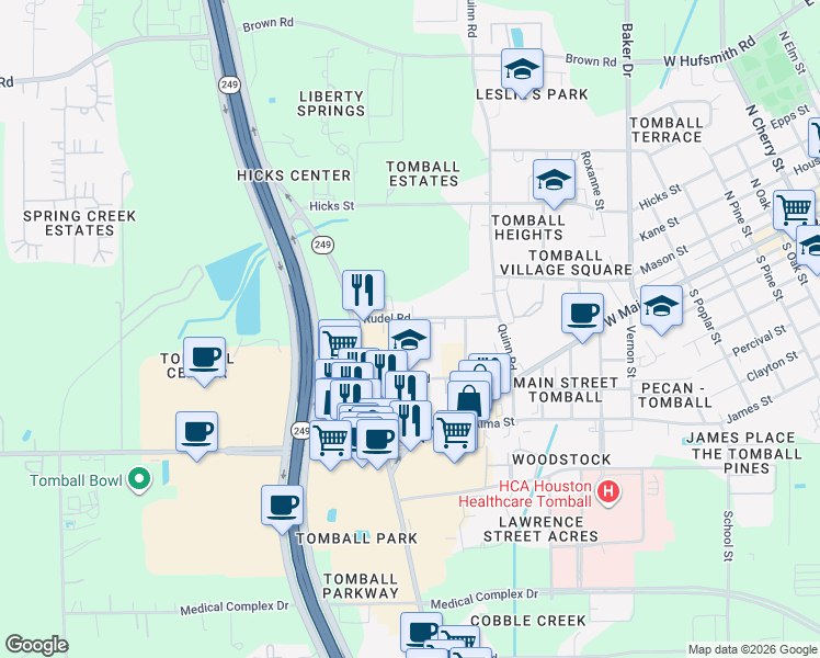map of restaurants, bars, coffee shops, grocery stores, and more near 1515 Rudel Road in Tomball