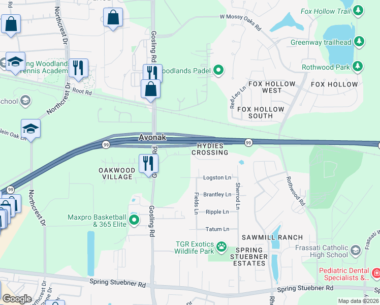 map of restaurants, bars, coffee shops, grocery stores, and more near 5515 Susanna Lane in Spring