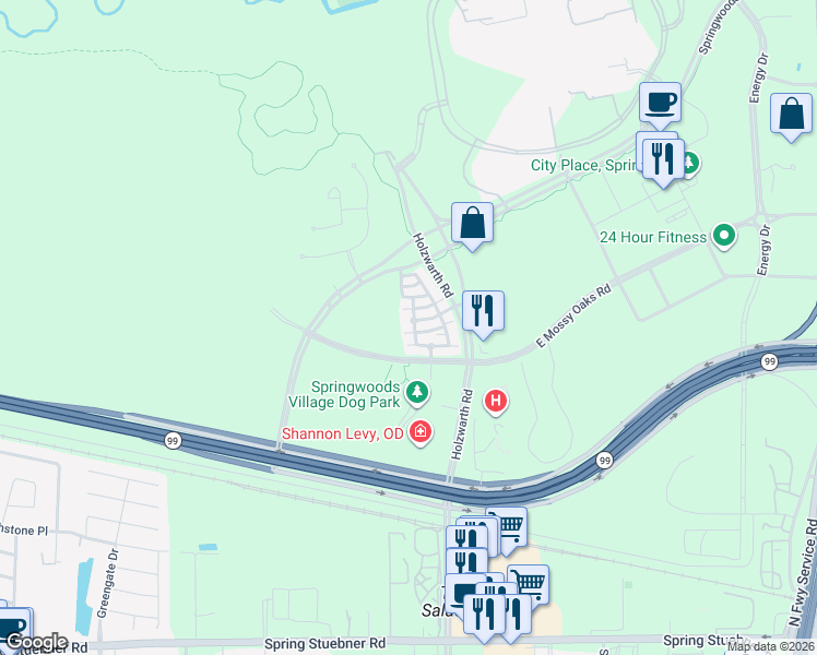 map of restaurants, bars, coffee shops, grocery stores, and more near 79 Thorpe Lane in Spring