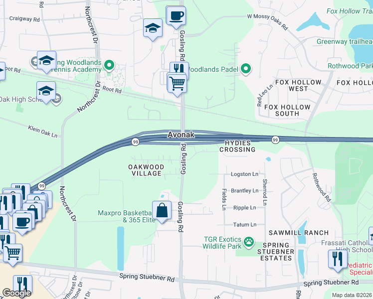 map of restaurants, bars, coffee shops, grocery stores, and more near 5707 Rhetta Lane in Spring