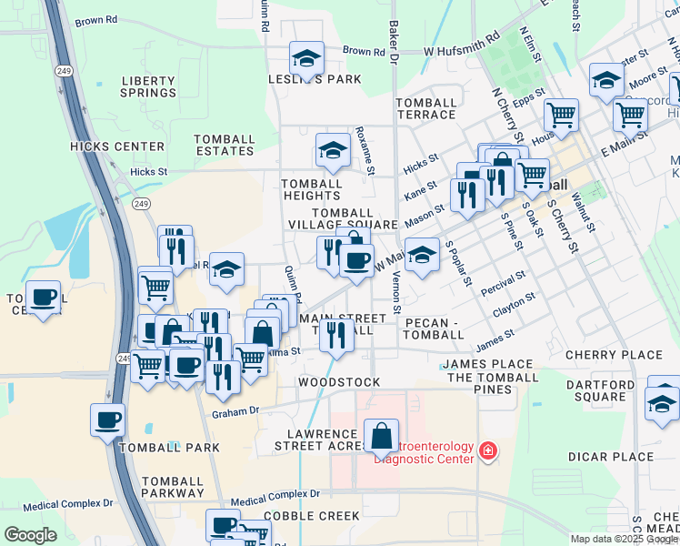 map of restaurants, bars, coffee shops, grocery stores, and more near 905 West Main Street in Tomball