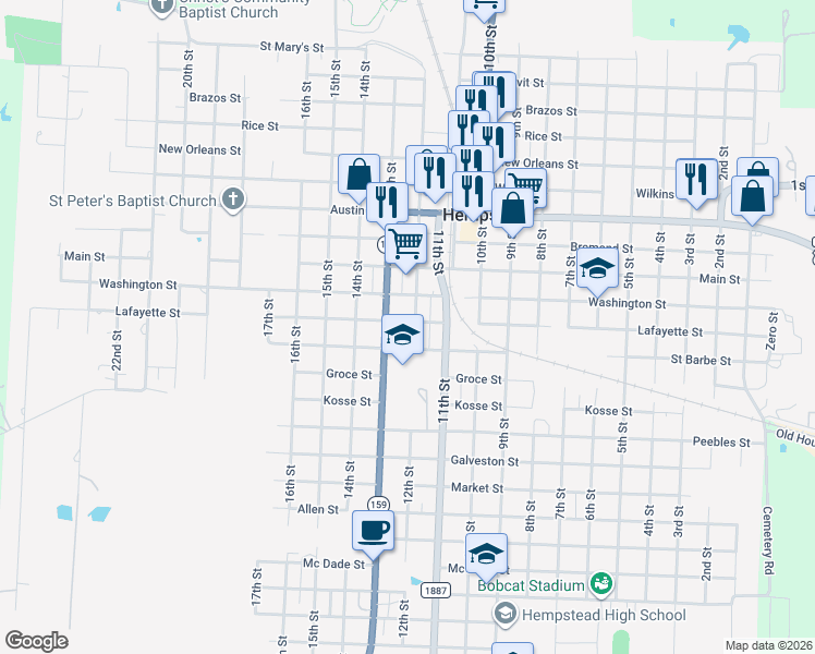 map of restaurants, bars, coffee shops, grocery stores, and more near 1140 Saint Barbe Street in Hempstead