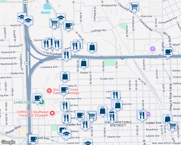 map of restaurants, bars, coffee shops, grocery stores, and more near 1298 North 9th Street in Beaumont