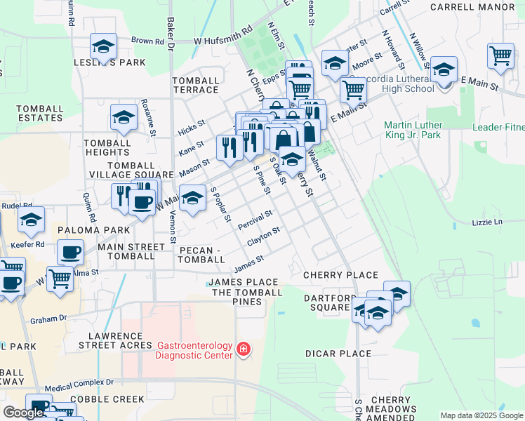 map of restaurants, bars, coffee shops, grocery stores, and more near 509 Percival Street in Tomball