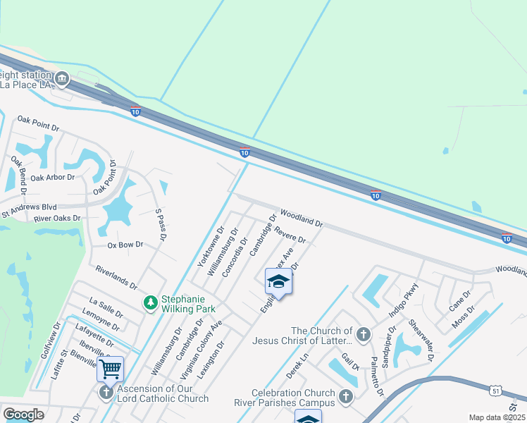 map of restaurants, bars, coffee shops, grocery stores, and more near 635 Revere Drive in LaPlace