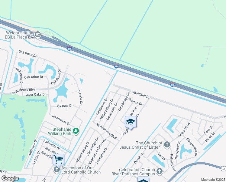 map of restaurants, bars, coffee shops, grocery stores, and more near 808 Revere Drive in LaPlace