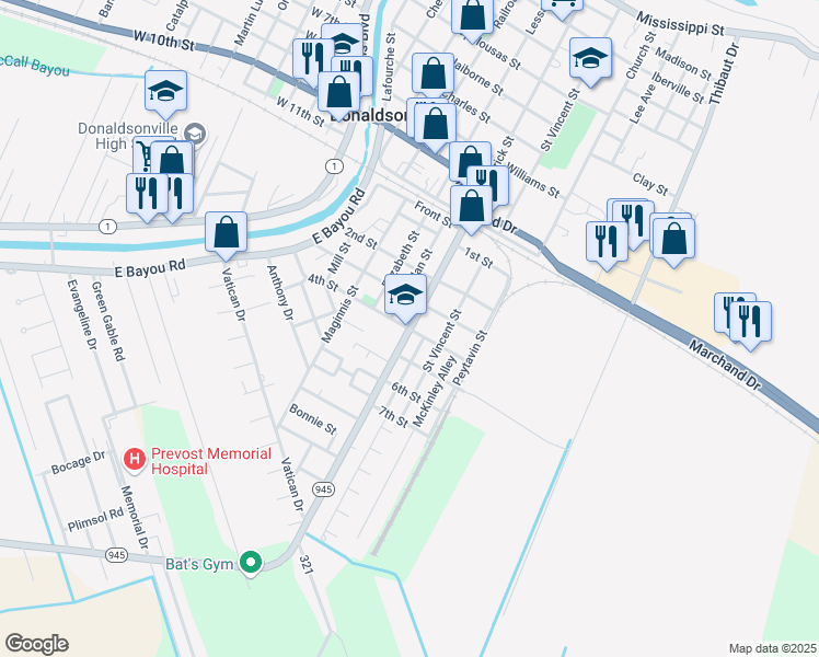 map of restaurants, bars, coffee shops, grocery stores, and more near 1200 Saint Patrick Street in Donaldsonville