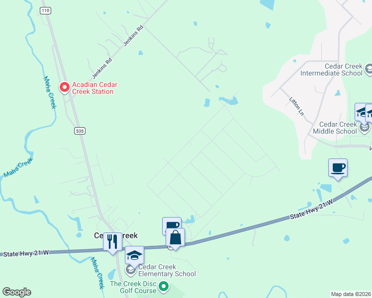 map of restaurants, bars, coffee shops, grocery stores, and more near Hershal Lane in Cedar Creek