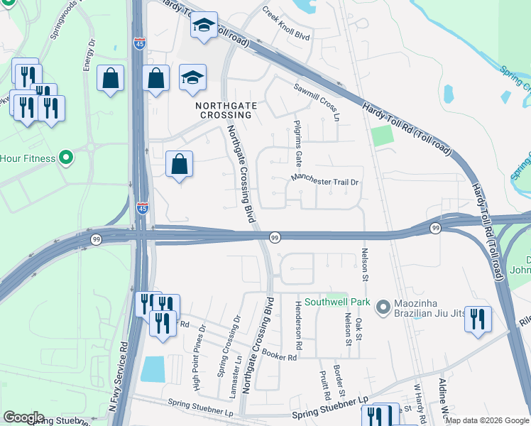 map of restaurants, bars, coffee shops, grocery stores, and more near 823 Hannock Glen Lane in Spring