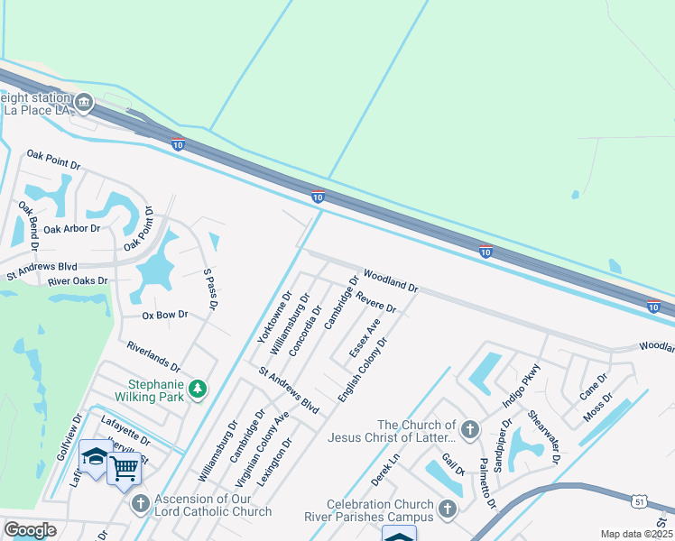 map of restaurants, bars, coffee shops, grocery stores, and more near 813 Woodland Drive in LaPlace