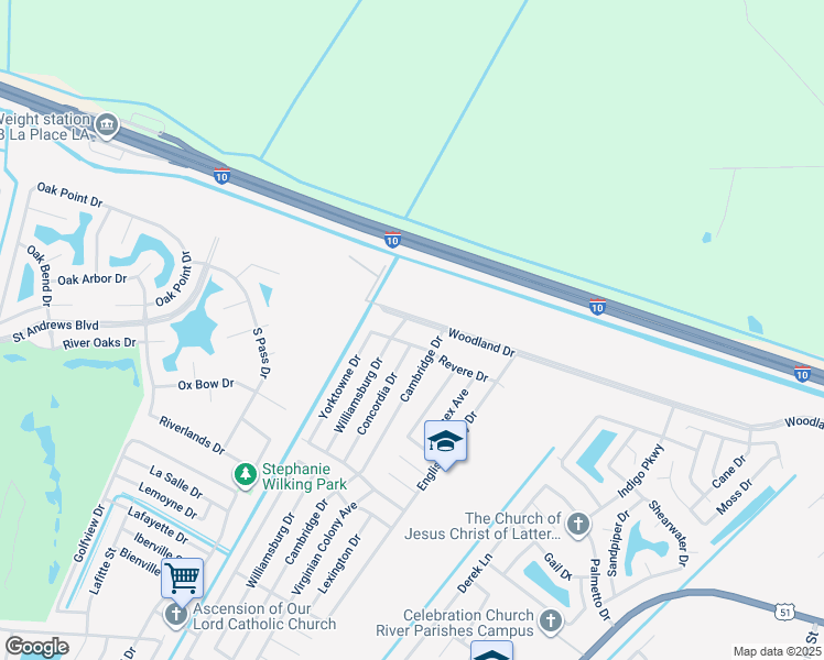 map of restaurants, bars, coffee shops, grocery stores, and more near 813 Woodland Drive in LaPlace