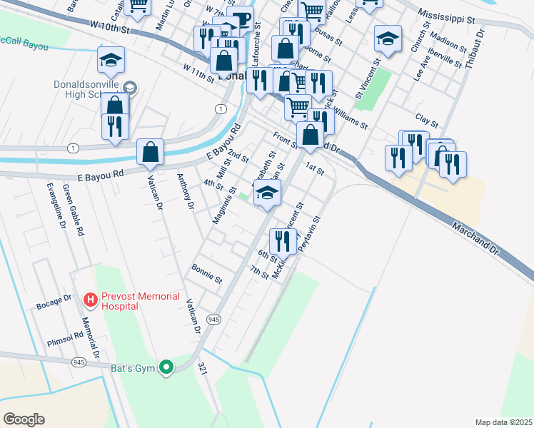 map of restaurants, bars, coffee shops, grocery stores, and more near 1200 Saint Patrick Street in Donaldsonville