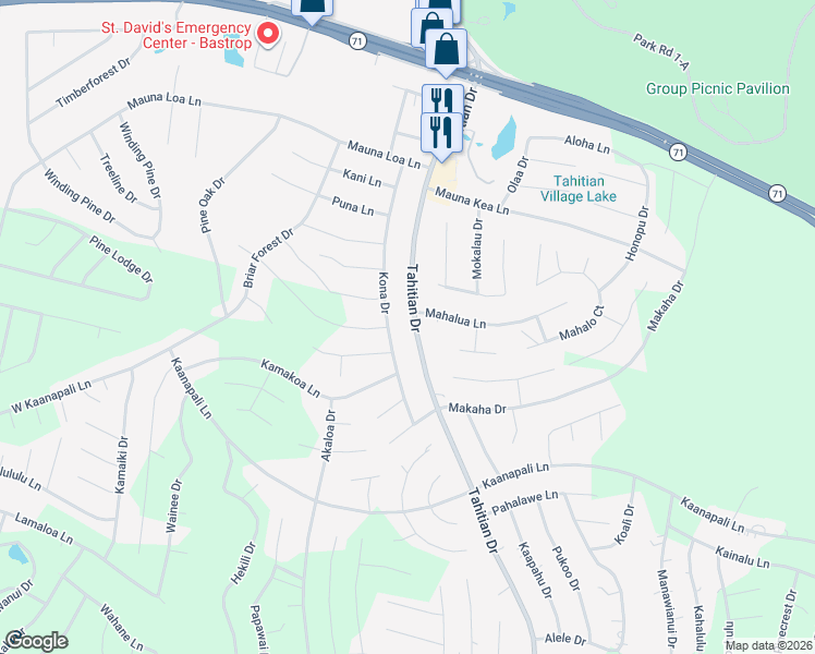 map of restaurants, bars, coffee shops, grocery stores, and more near 220 Tahitian Drive in Bastrop