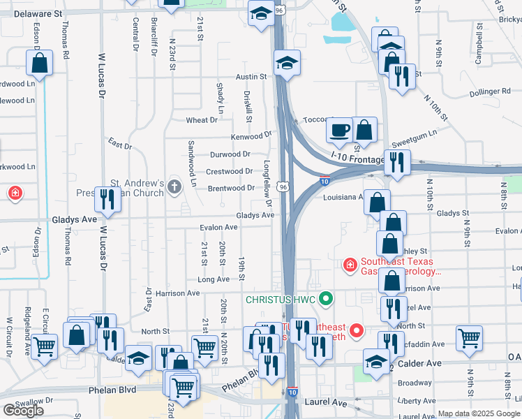 map of restaurants, bars, coffee shops, grocery stores, and more near 1215 Longfellow Drive in Beaumont