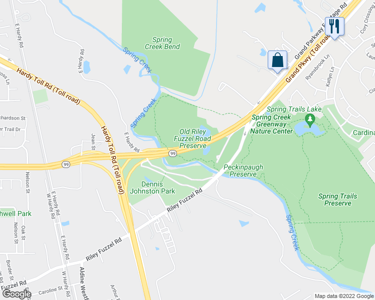 map of restaurants, bars, coffee shops, grocery stores, and more near Grand Parkway in Harris County