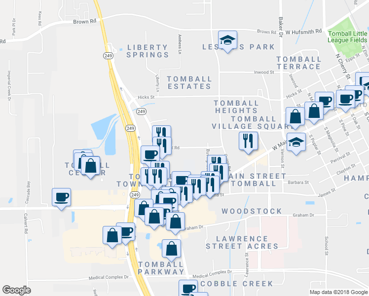 map of restaurants, bars, coffee shops, grocery stores, and more near 1511 Rudel Drive in Tomball