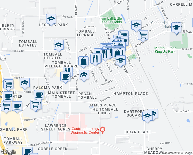 map of restaurants, bars, coffee shops, grocery stores, and more near 211 South Poplar in Tomball