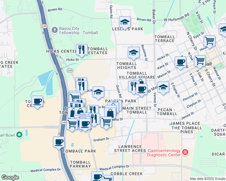 map of restaurants, bars, coffee shops, grocery stores, and more near 1302 Rudel Road in Tomball