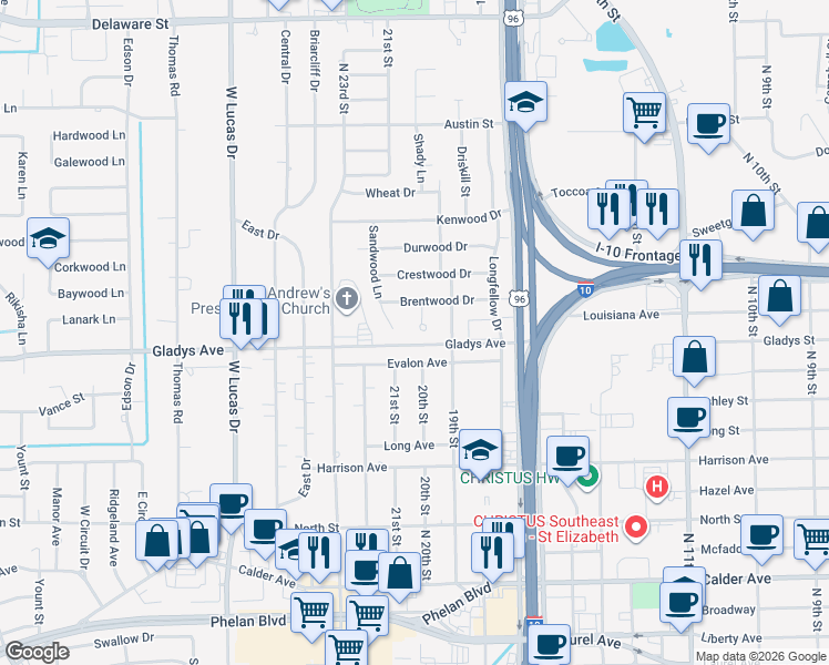 map of restaurants, bars, coffee shops, grocery stores, and more near 1250 Oakcrest Circle in Beaumont