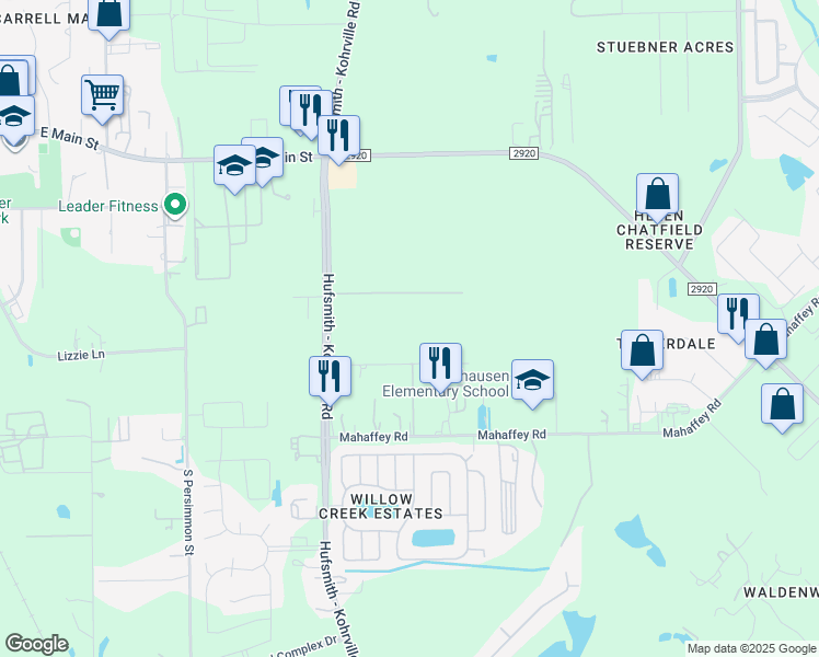 map of restaurants, bars, coffee shops, grocery stores, and more near 11420 Weirich Road in Tomball
