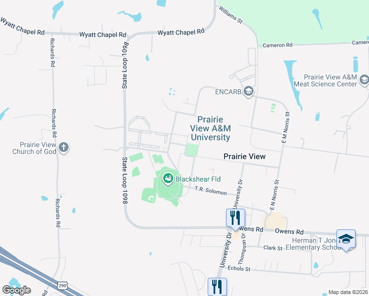 map of restaurants, bars, coffee shops, grocery stores, and more near 155 L.W. Minor Street in Prairie View