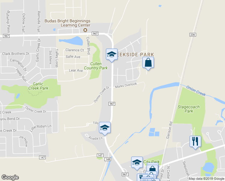 map of restaurants, bars, coffee shops, grocery stores, and more near 970 Farm to Market 967 in Buda