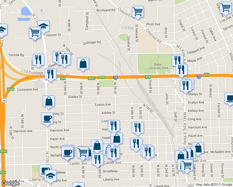 map of restaurants, bars, coffee shops, grocery stores, and more near 2290 Gladys Street in Beaumont