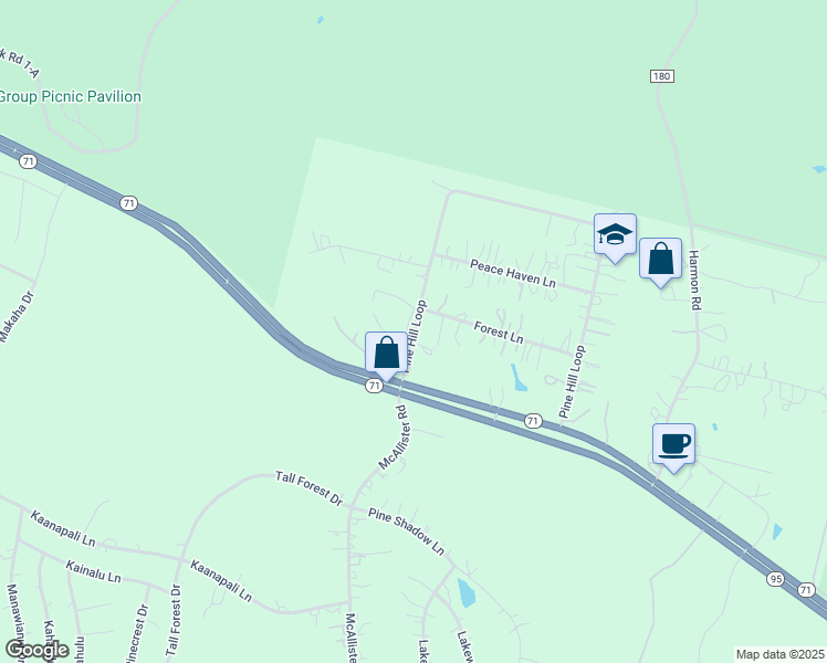 map of restaurants, bars, coffee shops, grocery stores, and more near 132 Pine Hill Loop in Bastrop