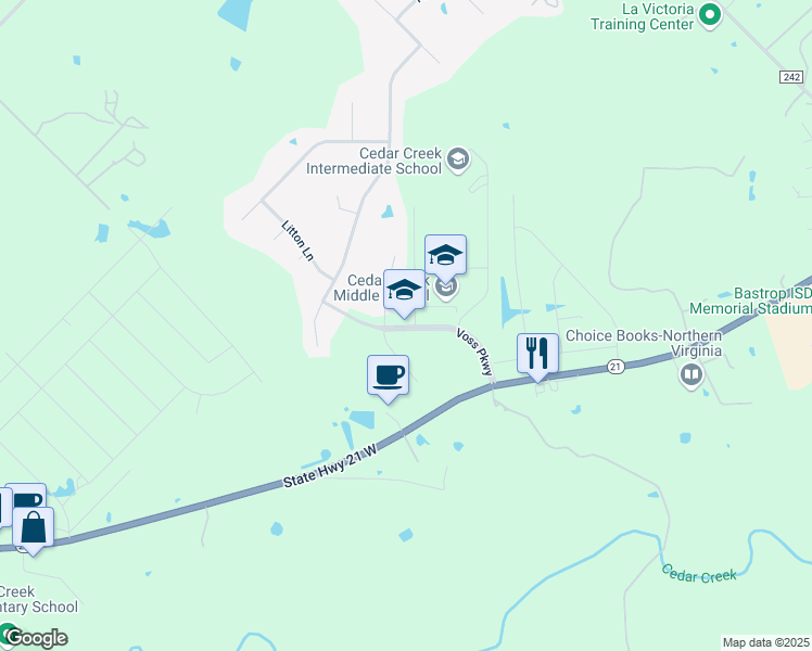 map of restaurants, bars, coffee shops, grocery stores, and more near 151 Voss Parkway in Cedar Creek