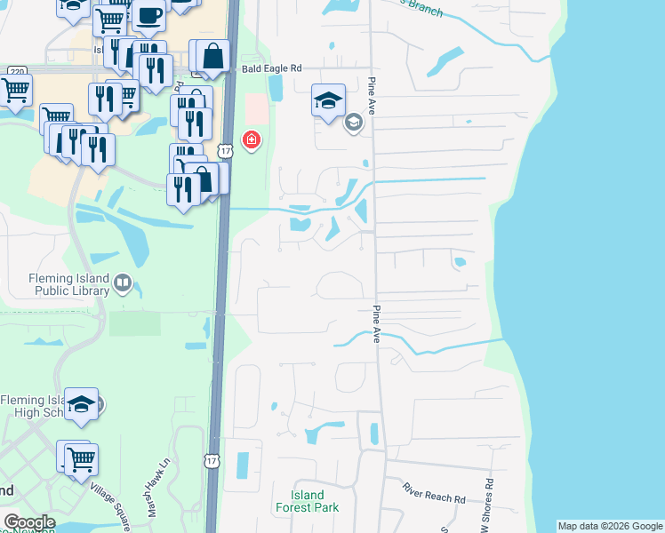 map of restaurants, bars, coffee shops, grocery stores, and more near 458 Springbrook Drive in Orange Park