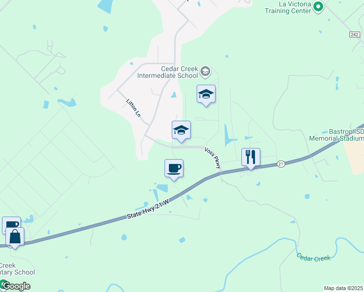 map of restaurants, bars, coffee shops, grocery stores, and more near 151 Voss Parkway in Cedar Creek