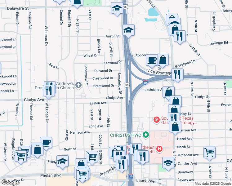 map of restaurants, bars, coffee shops, grocery stores, and more near 1240 19th Street in Beaumont