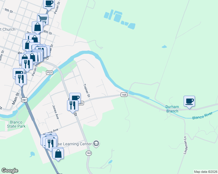 map of restaurants, bars, coffee shops, grocery stores, and more near 1402 Democrat in Blanco