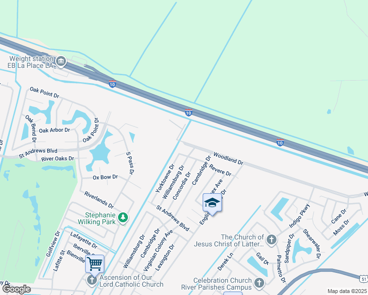 map of restaurants, bars, coffee shops, grocery stores, and more near 813 Woodland Drive in LaPlace