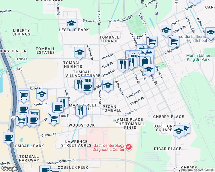 map of restaurants, bars, coffee shops, grocery stores, and more near 723 Farm to Market 2920 in Tomball
