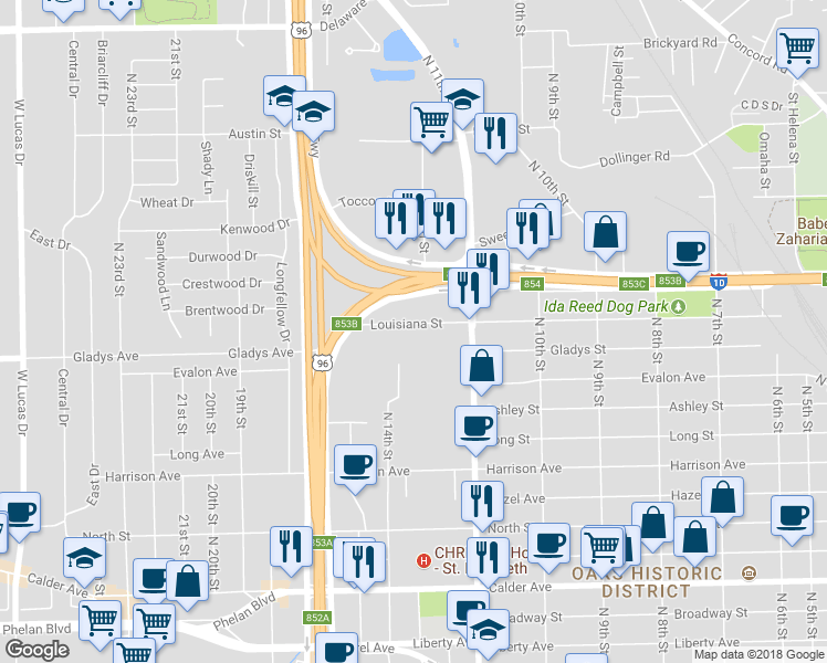 map of restaurants, bars, coffee shops, grocery stores, and more near 2865 Louisiana Street in Beaumont