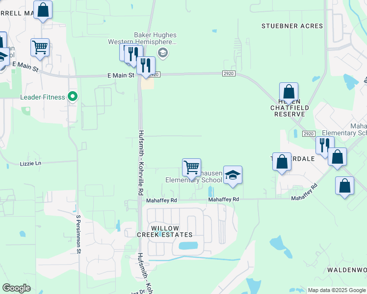 map of restaurants, bars, coffee shops, grocery stores, and more near 11420 Weirich Road in Tomball