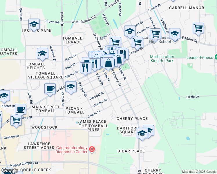 map of restaurants, bars, coffee shops, grocery stores, and more near 405 Tyler Street in Tomball