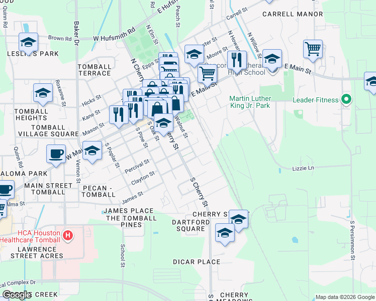 map of restaurants, bars, coffee shops, grocery stores, and more near 203 Florence Street in Tomball