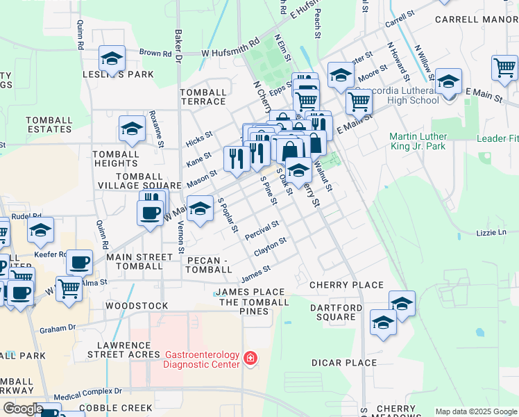 map of restaurants, bars, coffee shops, grocery stores, and more near 502 Clarence Street in Tomball