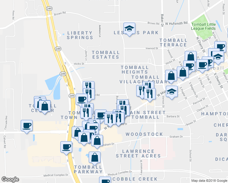 map of restaurants, bars, coffee shops, grocery stores, and more near 1522 Rudel Road in Tomball
