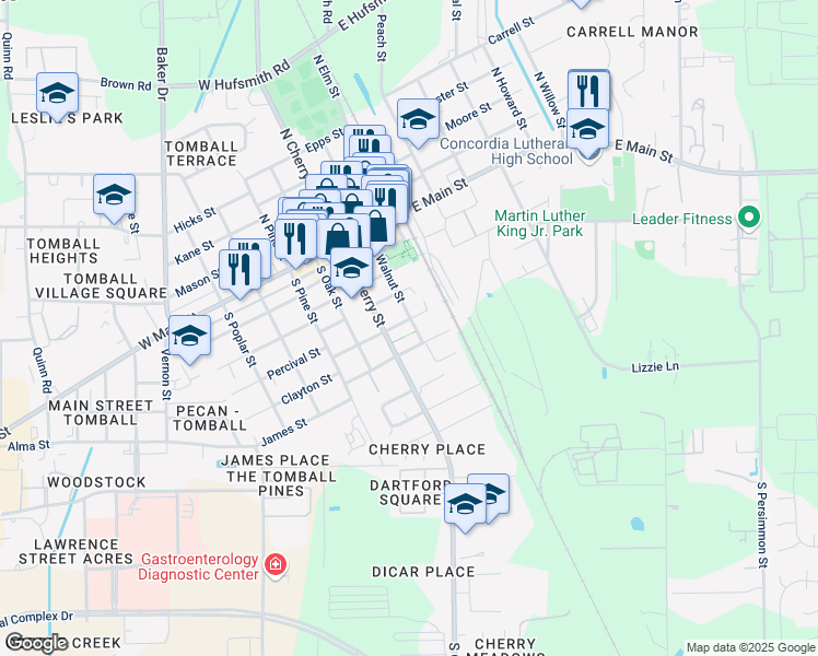 map of restaurants, bars, coffee shops, grocery stores, and more near 503 Walnut Street in Tomball