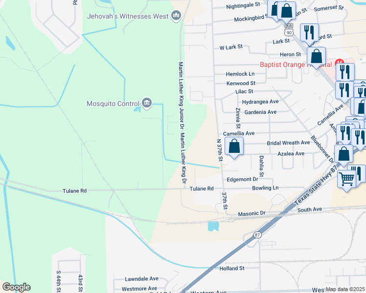 map of restaurants, bars, coffee shops, grocery stores, and more near 653 Martin Luther King Junior Drive in Orange