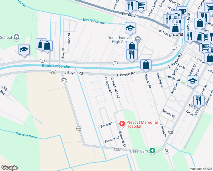 map of restaurants, bars, coffee shops, grocery stores, and more near 138 Evangeline Drive in Donaldsonville