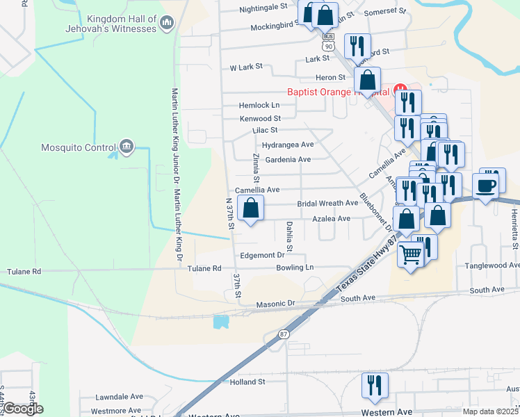 map of restaurants, bars, coffee shops, grocery stores, and more near 521 Bridal Wreath Avenue in Orange