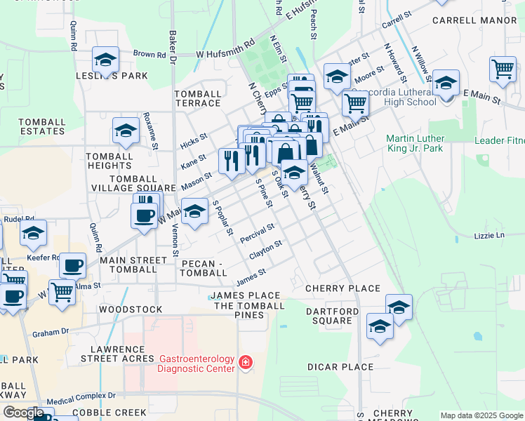map of restaurants, bars, coffee shops, grocery stores, and more near 502 Clarence St in Tomball