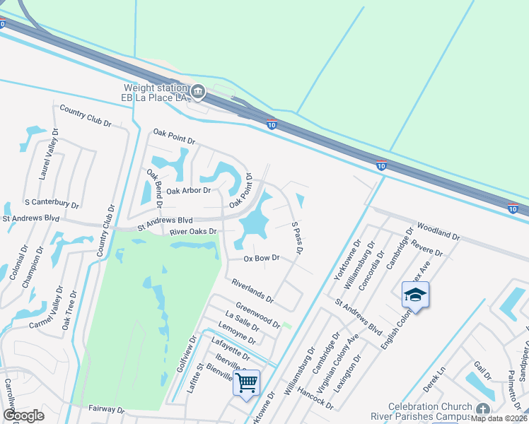 map of restaurants, bars, coffee shops, grocery stores, and more near 521 Pere Marquette Court in LaPlace