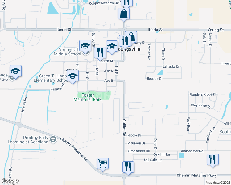 map of restaurants, bars, coffee shops, grocery stores, and more near 302 1st St in Youngsville