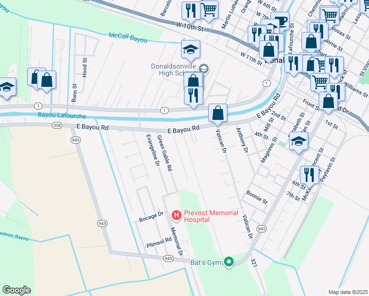 map of restaurants, bars, coffee shops, grocery stores, and more near 134 Latino Street in Donaldsonville
