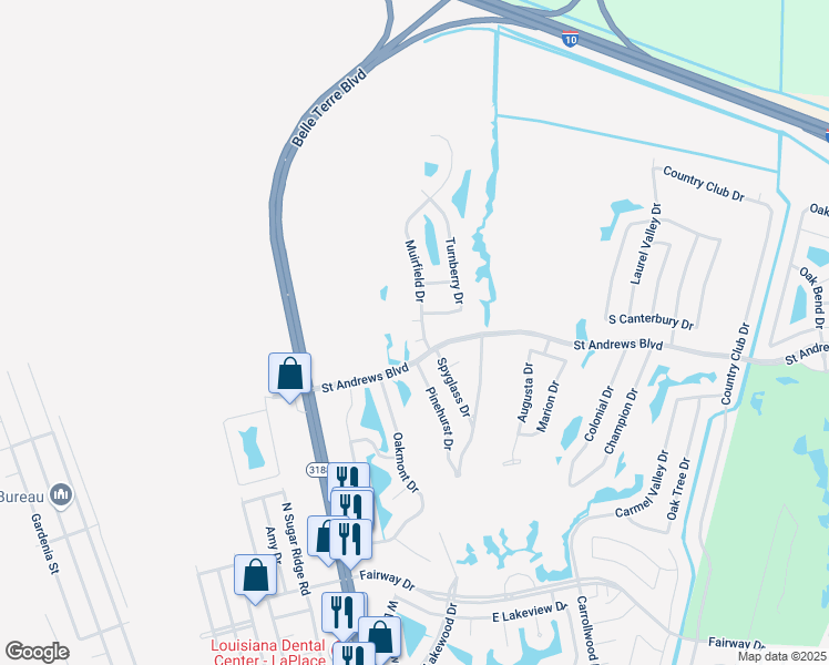 map of restaurants, bars, coffee shops, grocery stores, and more near 6 Muirfield Drive in LaPlace